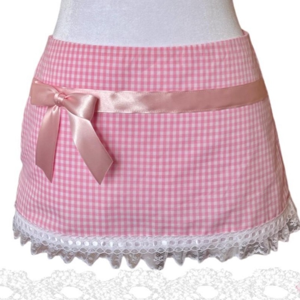 Pink Gingham Mini Skirt with Lace Trim and Bow